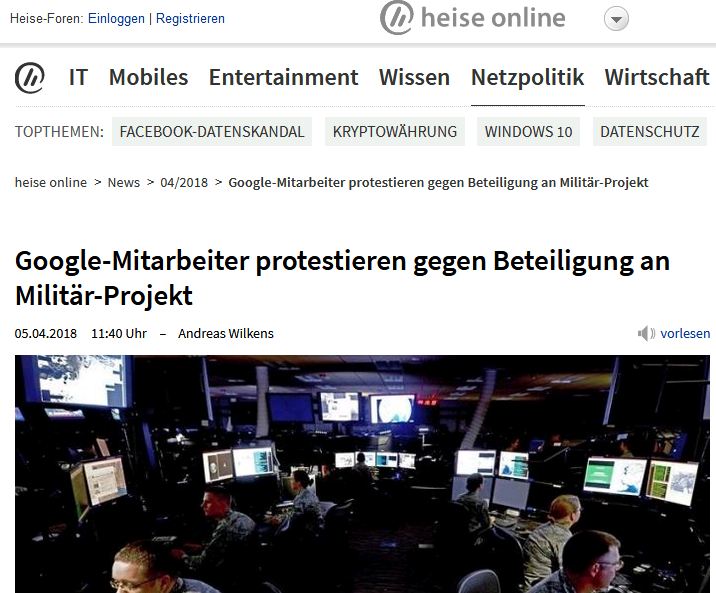 heise online: Google-Mitarbeiter protestieren gegen Beteiligung an Militär-Projekt